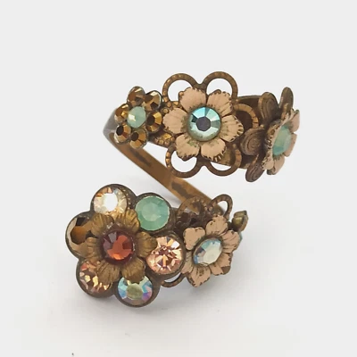 Anillo Michal Negrin Shabby Chic Marrón Beige Azul Cristales Floral Vástago Dividido Envoltura Foto 1 de 4