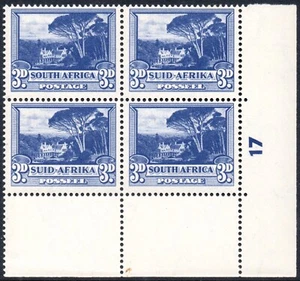 South Africa 1947-54 3d blue, CYLINDER 17 block of 4, SG.117a, fine UM - Picture 1 of 1