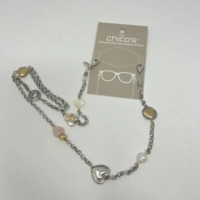 CHICO'S Mixed Metal Multi Heart Glasses Holder necklace Double Sided Real Pearl - Image 1 of 4