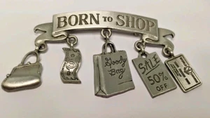 Vintage JJ Jonette Brooch Born to Shop Charms Pewter Silver Tone Signed Pin - Picture 1 of 10