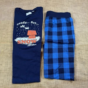 LL Bean x Peanuts Snoopy "Ready Set Snow" Pajama Set Buffalo Plaid Pants Size M - Picture 1 of 2