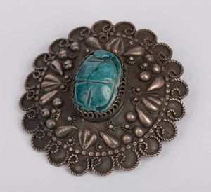 Vintage Sterling Silver Egyptian Carved Turquoise Scarab Beetle Brooch 15.61g - Picture 1 of 7