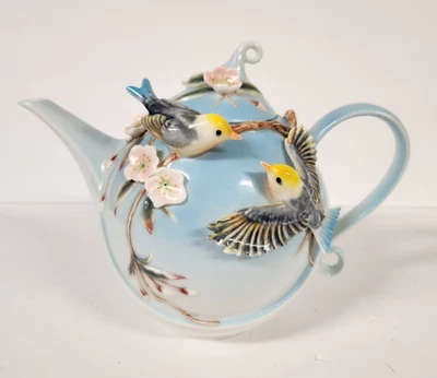 Pier 1 Imports Hand Painted Porcelain 3D Teapot Birds & Cherry Blossoms Flowers - Image 1 of 4