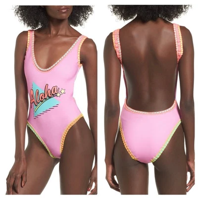 TOPSHOP Barbie Pink Aloha One-Piece Low Back Swimsuit Crochet Neon UK 6 US 2 XS - Image 1 of 4