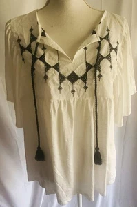 Knox Rose Peasant Top L White Blue Embroidery Tassel Tie Flutter Sleeve NWT - Picture 1 of 10