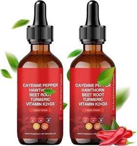 60ml Natural Cayenne Pepper Liquid Drop hawthorn fruit beetroot vitamin D3 K2 - Picture 1 of 15