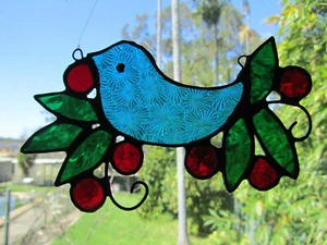 BLUE BIRD & RED BERRIES STAINED GLASS SUNCATCHER MADE IN AUSTRALIA - Picture 1 of 5