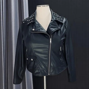 New Look Faux Leather Moto Jacket Studded Biker Black Zip Up Womens XL - Picture 1 of 12