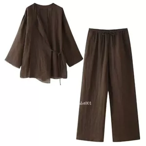Women's Summer Linen Solid Color Shirt Set Cardigan Top High Waist Pleated Pants - Picture 1 of 26