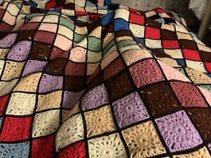 Vintage Handmade Wool Crochet Blanket - Large - Superb