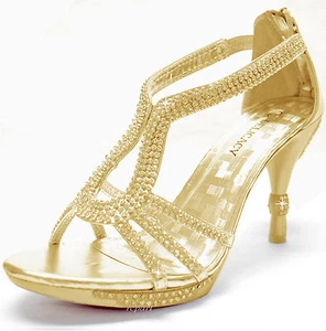 Nuevos zapatos para mujer tacones de aguja diamantes de imitación cremallera trasera boda graduación fiesta dorado - Imagen 1 de 8
