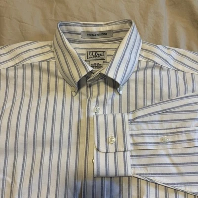 LL Bean Oxford Cloth Button Down Shirt Mens 15 34 Striped White Blue ID 237816 - Image 1 of 4