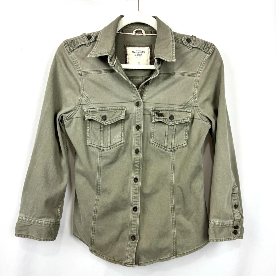 Camisa de franela abotonada verde oliva Abercrombie & Fitch niños niñas talla M 8/10 Y2K Foto 1 de 4