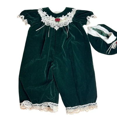 Sombrero de Navidad vintage de terciopelo de abeja melífera para bebé de una pieza 6 meses verde nuevo con etiquetas Foto 1 de 4