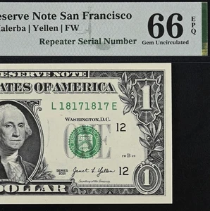 2021 $1 Federal Reserve Note PMG 66EPQ Fancy Repeater Serial Number 18099081 - Picture 1 of 3