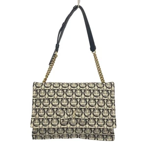 Auth Salvatore Ferragamo Viva Bow GG-210363 Cream Dark Gray Jacquard Leather - - Picture 1 of 8