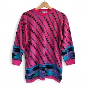 KENETH TOO! 80er VINTAGE ROSA BLAU AZTEKEN STRICK PULLOVER GRÖSSE LARGE - Bild 1 von 8