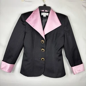 Vintage Christian Dior Blazer 3 Button Shoulder Pads Black Pink Satin Cuffs Zs 8 - Picture 1 of 10