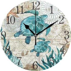 Silent Non Ticking round Wall Clock, Vintage Ocean Sea Turtle Starfish Map Home - Picture 1 of 5