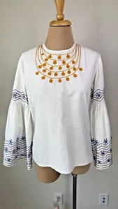 Vintage Festival Hungarian Bell Sleeve Embroidered Cotton Blouse Top S M - Picture 1 of 7