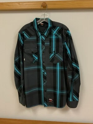 Camisa No Fear Para Hombres Negra Turquesa A Cuadros 100% Algodón Manga Larga Abotonada L Foto 1 de 4