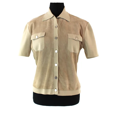 Hermes Suede Tan Knit Cotton Button Up Collared Polo Shirt L Short Sleeve Top - Image 1 of 4