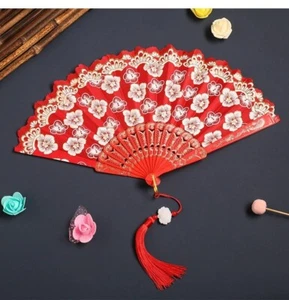 Red Chinese Folding Cloth Hand Fan - Picture 1 of 5