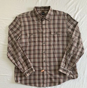 BOSS Hugo Boss Men's XL Tan Brown Plaid Flannel Button Up Shirt Elbow Patch MINT - Picture 1 of 7