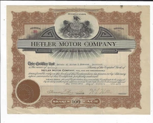 PENNSYLVANIA 1931 Hetler Motor Company Stock Certificate #50 - Picture 1 of 2