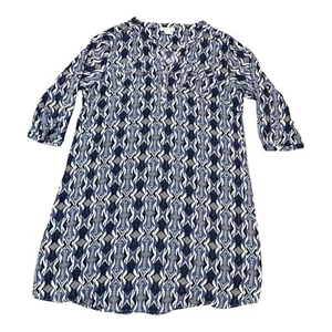 Ariat Womens XL Navy Geometric Print Tunic Dress 3/4 Sleeves Blue & White Cotton - Picture 1 of 4