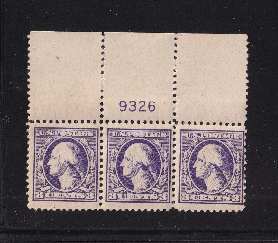 1918 Sc 530 3c purple MNH OG plate number strip of 3 (plate block CV $55) (C9 - Image 1 of 1