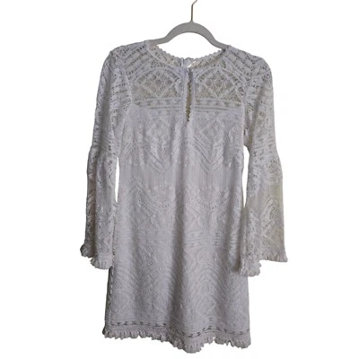 Vestido de Diseñador Nanette Lepore Blanco Crochet Encaje Flecos Dobladillo Cerradura Talla 0 Foto 1 de 4