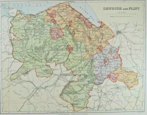 1800 Denbigh and Flint 1895 Antique County Map 10x12.5" - Picture 1 of 20