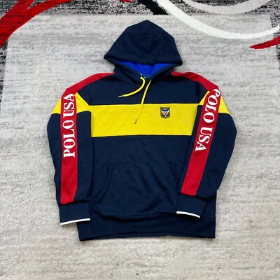 VTG Polo Ralph Lauren Hoodie Uni Crest Medium Blue Red Pony RLPC Stadium Men 90s - Image 1 of 4