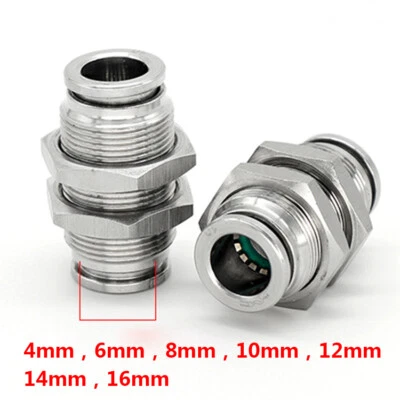 Pneumatic Fittings 4-16mm Hose Bulkhead Union Push Fit Connector Stainless Steel - Image 1 of 4