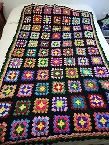Crochet Granny Square Black Multicolor Afghan Throw Blanket 75" x 50" Roseanne - Picture 1 of 4