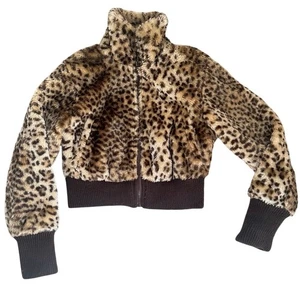 Lazy Daisy Faux Fur Leopard Print Cropped Jacket Brown Rib Trim Zip Up Size XS/S - Picture 1 of 8