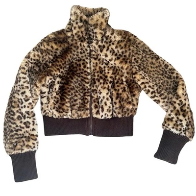 Lazy Daisy Faux Fur Leopard Print Cropped Jacket Brown Rib Trim Zip Up Size XS/S - Image 1 of 4