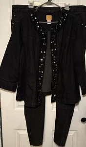 Ruby Rd. Woman's Sz 22w Black Rhinestone Stretch Denim Jacket And Jeans Suit - Picture 1 of 7