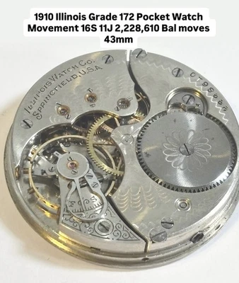 Reloj Bolsillo Illinois Grado 172 1910 Movimiento 16S 11J Movimientos de Equilibrio 43mm Foto 1 de 4