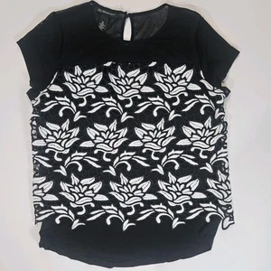 INC Blouse Womens Large Petite Black White Floral Embroidery Overlay Classic Top - Picture 1 of 7