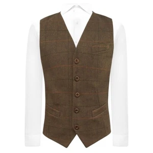 Luxury Dijon Brown Herringbone Check Waistcoat, Tweed - Picture 1 of 5