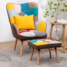 Upholstered Rainbow Patchwork Fabric Armchair Wing Back Tub Chair with Footstool