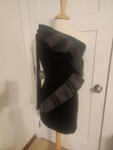 Express One Shoulder Black Mini Dress 4 Velvet Satin Ruffled Cocktail  - Picture 1 of 5