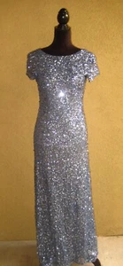 Adrianna Papell blue/gray sequins short sleeve bateau neck train lined gown 6P - Picture 1 of 14