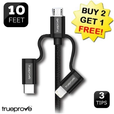 🆕10FT 3 in 1 USB Micro Type C Fast Charging Cable for iPhone Tablet Cord Charge - Image 1 of 4