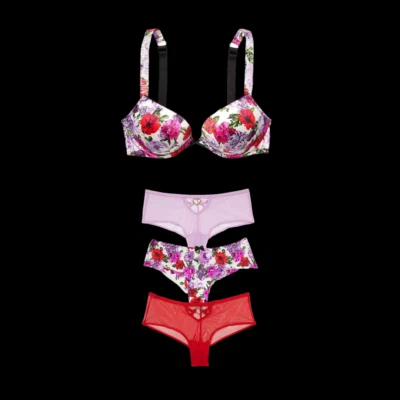 Sujetador y braguita push-up con correa brillante Victoria's Secret Bombshell rosa floral de 4 piezas  Foto 1 de 4