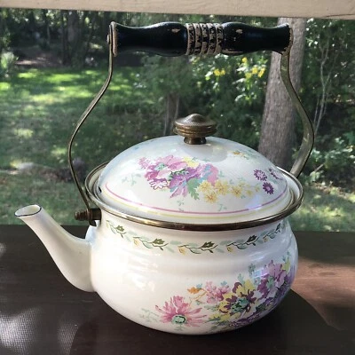 Винтажный 1981 M. Kamenstein чайник эмалированная посуда цветы кухни деревянная ручка - Изображение 1 из 4