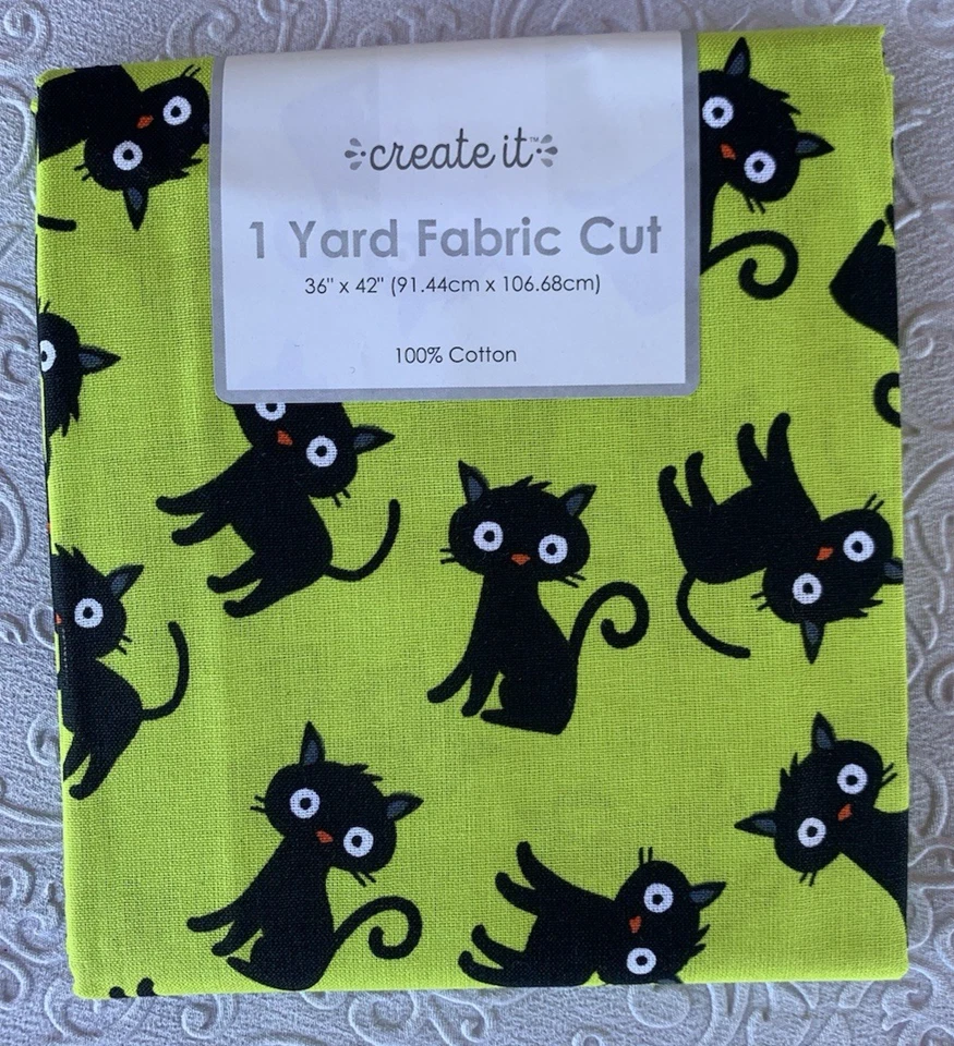 Tecido Create it corte 1 jarda Halloween gatos pretos, tecido de algodão, verde e preto - Imagem 1 de 2