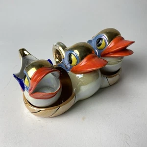 Japanese Lusterware Duck Creamer and Sugar Bowl on Tray 4 piece Baby Birds - Picture 1 of 24